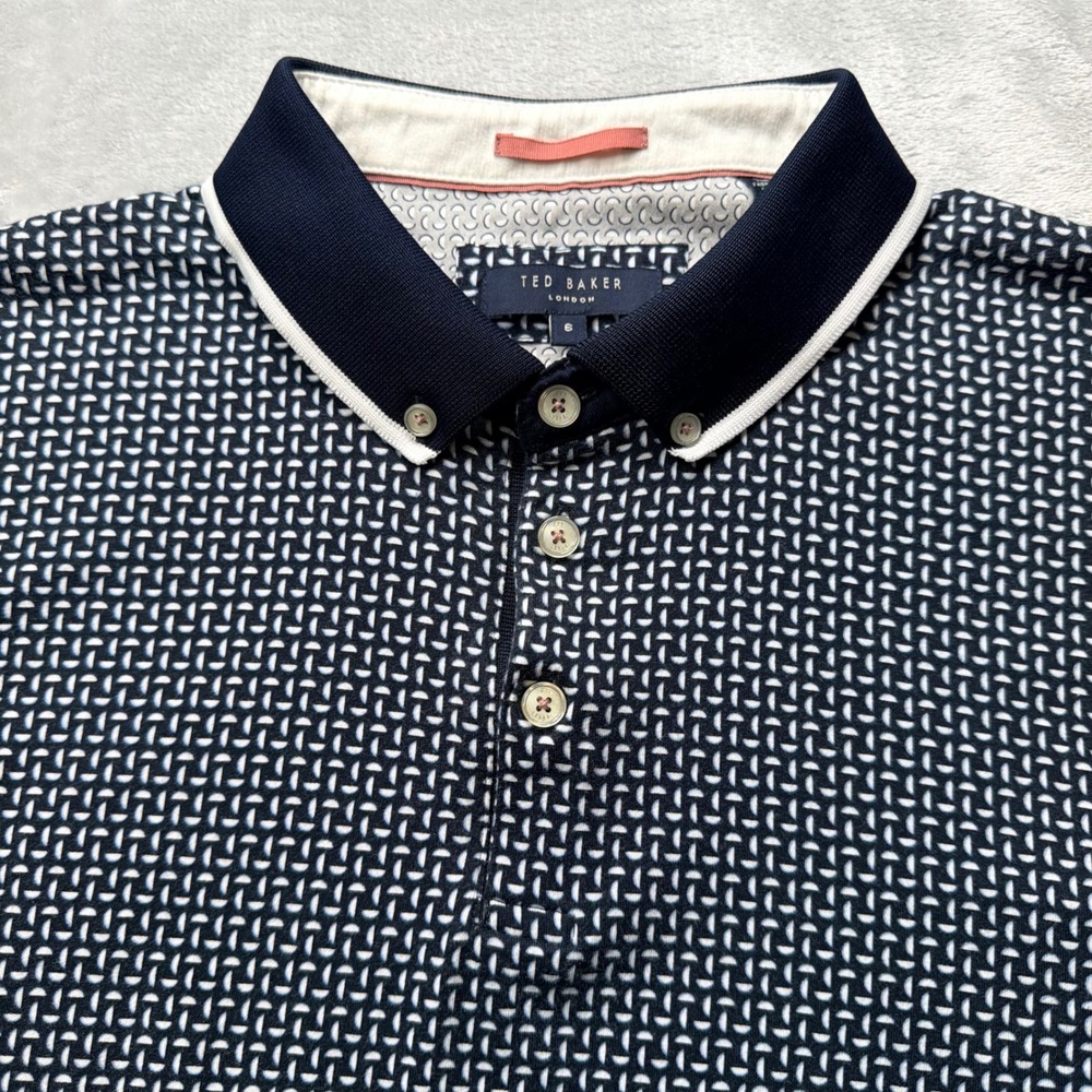 Ted Baker London Mens Navy Blue Geometric Print Cotton Polo Shirt Size 6 Preppy